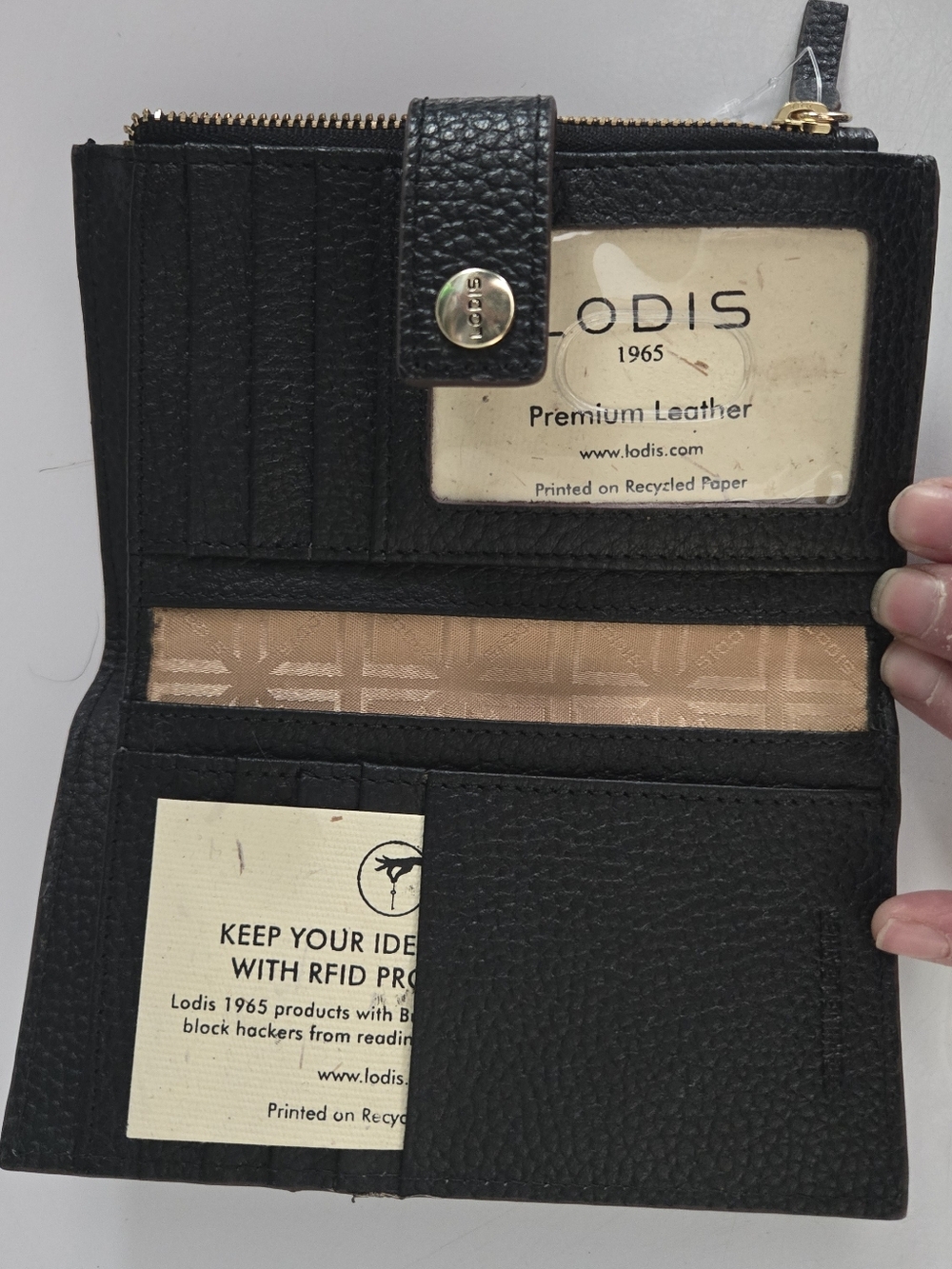 Lodis Black Pebble Leather Wallet RFID Zip Around Bifold Card Holder Classic - Picture 6 of 11